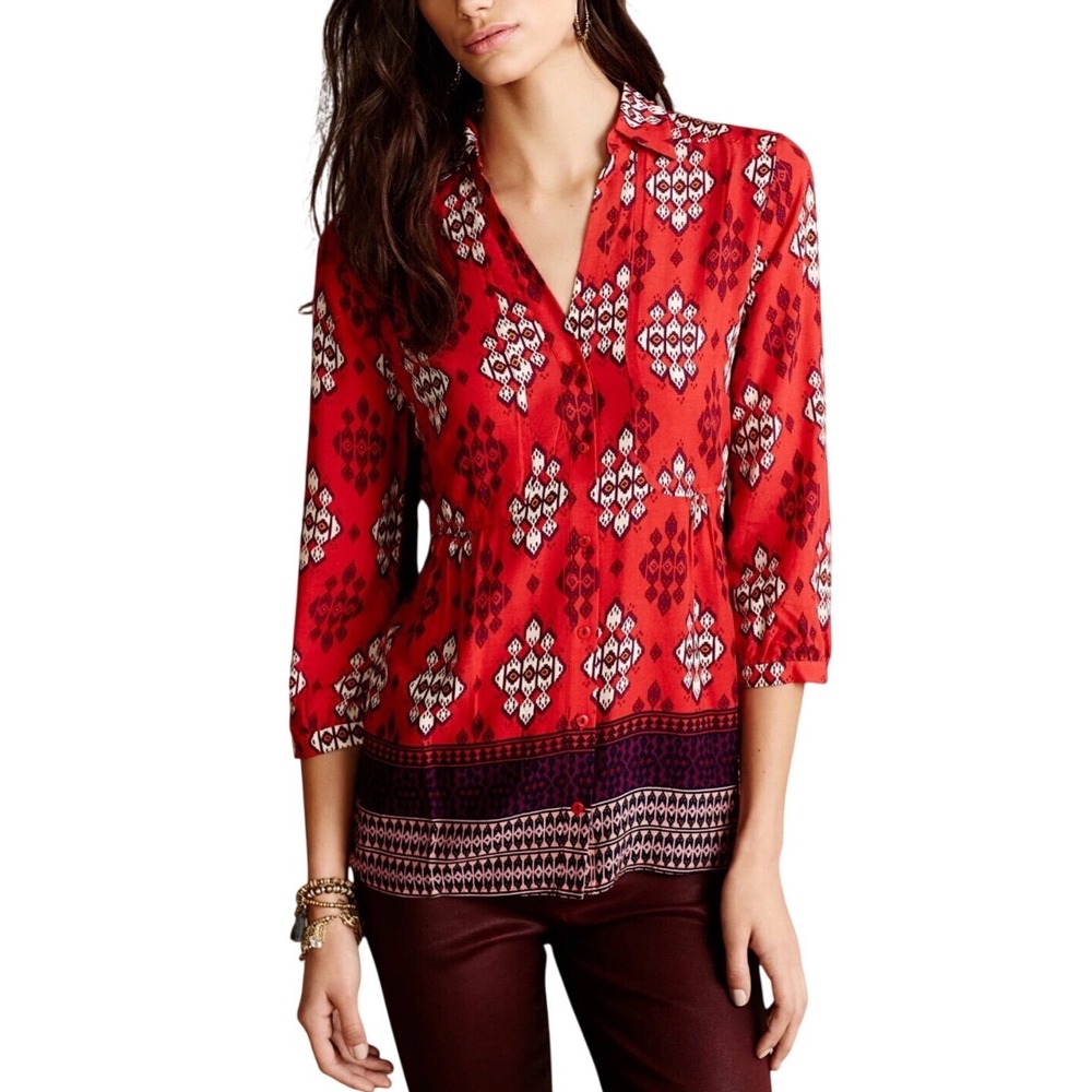 Maeve Anthropologie Red Ikat Geometric Border Print Button Down Blouse Size 12